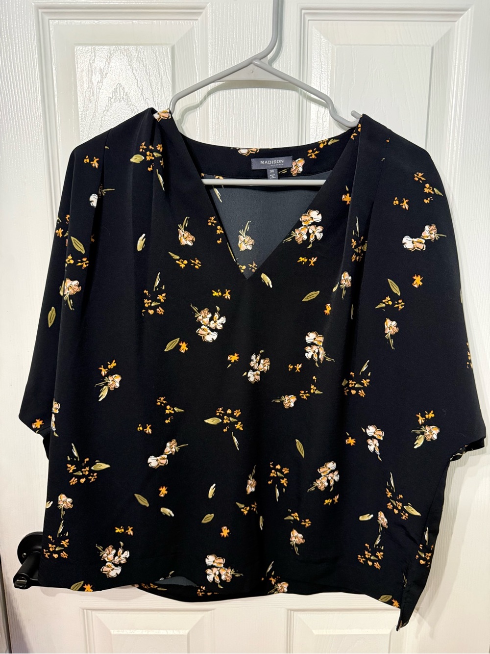 Madison Black Floral V-Neck Blouse with Cream and Yellow Blooms